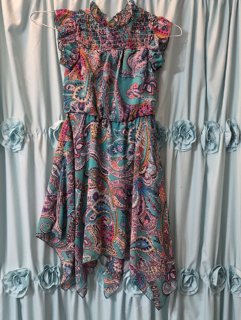 Speechless girls' turquoise  pink paisley handkerchief Asymmetrical hem Dress 8